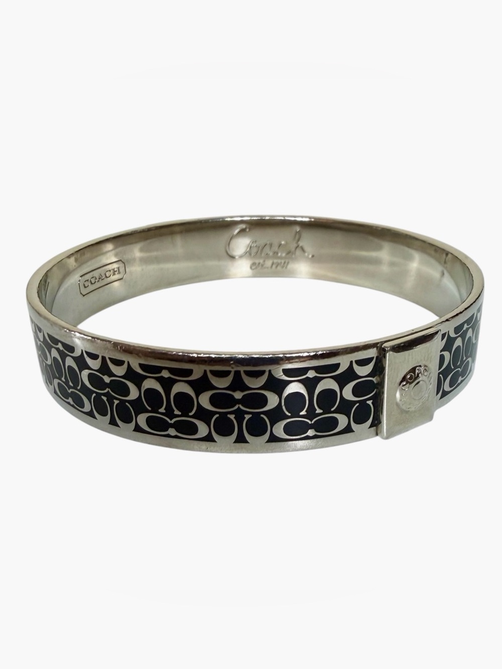 COACH Silver and Black Bangle Bracelet Logo